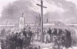 Cerimônia fúnebre sobre soldados franceses mortos durante o cerco de Paris, Cassell História da Guerra entre a França e a Alemanha publicada por Cassell and Company Limited, c.1890 (litho) de German School