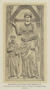 Galla Placidia, filha do Imperador Romano Teodisio I, e seu filho, Valentim III (gravura) de German School