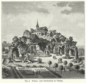 Desenho do jardim: grutas no jardim do Conde Johann von Fries, Voslau, Áustria (gravura) de German School
