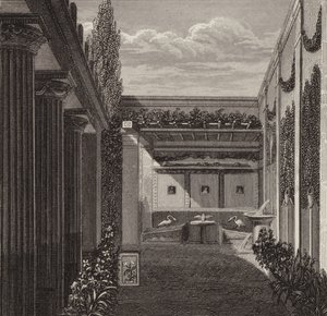 Jardim de uma casa romana. Ilustração para Bilder-Atlas (gravura) de German School
