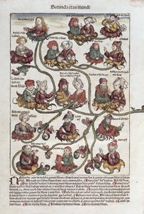 Árvore Genealógica de Laban, de &39;Liber Chronicarum&39; por Hartmann Schedel (1440-1514) 1493 (cor xilogravura) de German School