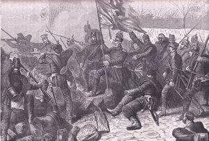 General von Budretzky liderando o ataque a Le Bourget, Cassells História da Guerra entre a França e a Alemanha publicado pela Cassell and Company Limited, c.1890 (litho) de German School
