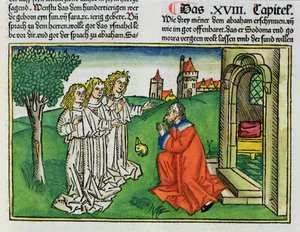 Gênesis 18 2 Abraão e os Três Anjos, da Bíblia de Nuremberg (Biblia Sacra Germanaica) (xilogravura colorida) de German School