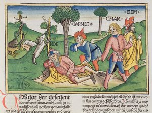 Gênesis 9 20-27 Noé coberto com um manto pelos filhos Shem, Ham e Japeth, da Bíblia de Nuremberg (Biblia Sacra Germanaica) (xilogravura colorida)