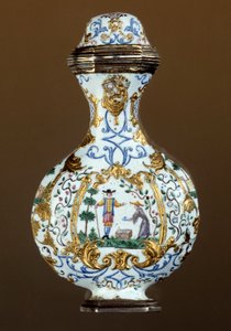 Arte alemã: Garrafa de fragrância do século XVIII (enamaille; cena de chinoiserie) de German School