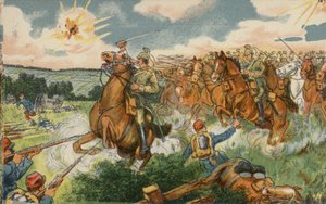Cavalaria alemã sob o comando do príncipe herdeiro Wilhelm atacando as tropas francesas perto de Longwy, França, Primeira Guerra Mundial de German School