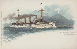 Cruzador alemão Gefion na Baía de Nápoles, Itália (chromolitho) de German School