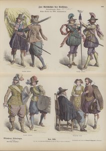 Fatos militares e burgueses alemães, início do século XVII (gravura a cores) de German School