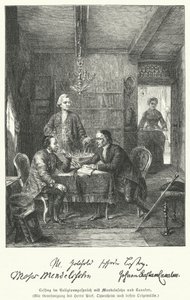 Filósofo e dramaturgo alemão discutindo religião com Moses Mendelssohn e Johann Kaspar Lavater (gravura) de German School