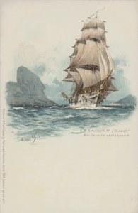 Navio de formação alemão Stosch deixando o Rio de Janeiro, Brasil (chromolitho) de German School