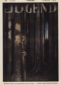 Rapariga a caminhar numa floresta à noite (cor litho) de German School