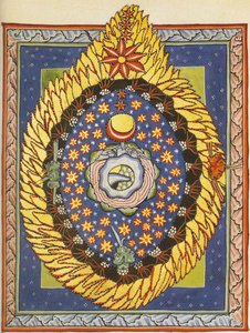 Deus, Cosmos, e Humanidade. Miniatura de Liber Scivias por Hildegard de Bingen, c.1175 (aguarela sobre pergaminho) de German School