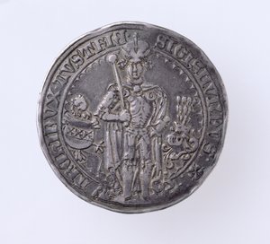 Guildiner (taler) de Sigismund (1439-96) Conde de Tirol, Hall Mint, 1486 (anverso) (prata) (para reverso ver 168059)