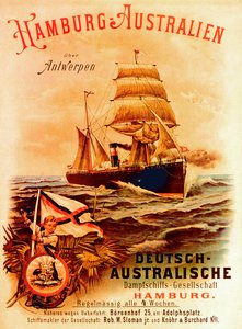 Hamburgo - Austrália, cartaz publicitário da Companhia Australiana de Navios a Vapor Alemã, 1889