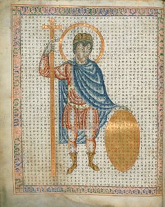 Harley 3045 fol.2 Imperador Luís I, o Piedoso, segurando uma cruz e escudo, de 