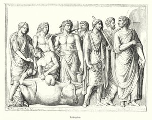 Haruspex, antigo sacerdote romano que examinava os estratos dos animais sacrificados para prever o futuro (litho) de German School