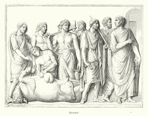 Haruspex estudando as entranhas de um animal sacrificado na Roma antiga (gravura) de German School