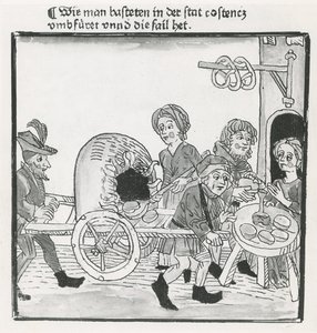 Vendedor ambulante de panquecas e pretzels, durante o Concílio de Constança em 1417, depois de um incunábulo, c.1485 (caneta e tinta no papel) de German School