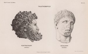 Cabeças de estátuas de boxeadores escavadas em Olympia, Grécia (gravura) de German School