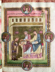 Henrique III (1017-56) com os apóstolos Simão e Judas, do Códice Caesareus Upsaliensis, c.1045 de German School