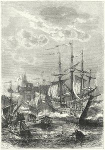 Henrique VIII e a frota inglesa desembarcando em Calais de German School