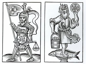 Hermensul ou Irmensul (à esquerda) e Crodon (à direita) ídolos dos antigos saxões, depois de uma xilogravura nos Annales Circuli Westphaliae, de Herman Stangefol, publicaram 1656 de German School