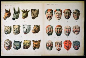 Máscaras de carnaval humanas e animais, página de um catálogo de fabricantes de Mannebach, Thuringe, Alemanha, c.1865 de German School