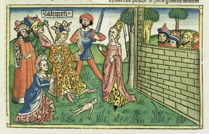 I Reis 3 16-28 O julgamento de Salomão, da Bíblia de Nuremberg (Biblia Sacra Germanaica) (xilogravura colorida) de German School