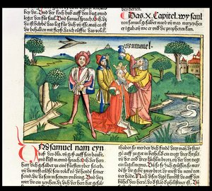 I Samuel 10 A coroação e a unção de Saul, da Bíblia de Nuremberg (Biblia Sacra Germanaica) (xilogravura colorida)