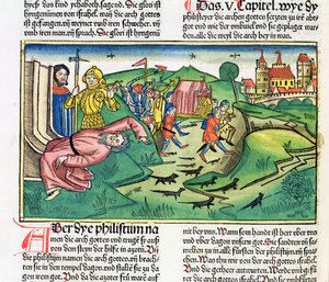 I Samuel 5: 1-11 Os filisteus tomam a arca e são atingidos pela praga da Bíblia de Nuremberg (Biblia Sacra Germanaica) (xilogravura colorida)