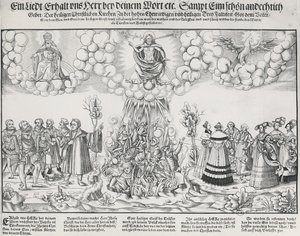 Ilustação do hino de Martinho Lutero pedindo a ajuda de Deus contra a obra mortal do Papa de German School