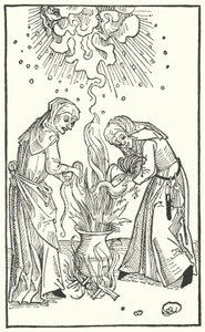 Ilustração de um tratado de Ulrich Molitor sobre mulheres adivinhas e bruxaria (gravura) de German School