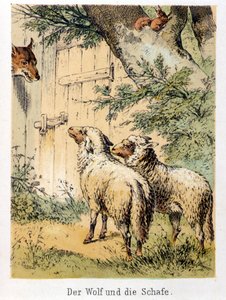 Ilustração dos contos de Franz Hoffmann "Contos e Fábulas - O lobo e as ovelhas": um lobo falando com as duas ovelhas. Cromolitografia do século XIX. de German School