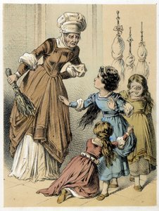 Ilustração dos contos de Franz Hoffmann "Contos e Fábulas - Les 3 Gifts": uma mulher abusou das 3 meninas. Cromolitografia do século XIX. de German School