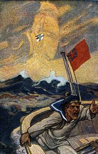 Ilustração da propaganda alemã da revista Jugend durante a 1ª Guerra Mundial. Um marinheiro inglês está aterrorizado com o aparecimento de um navio fantasma arvorando a bandeira do Reich. de German School