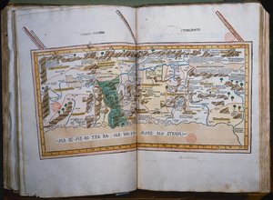 Inc. 425 Mapa da Terra Santa, baseado em descrições e coordenadas dadas em Cosmographica, por Ptolomeu (Cláudio Ptolemaeus de Alexandria) (c.90-168 dC) publicado em Ulm, Alemanha, por Johann Reger