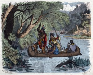 Índios pescando a bordo de uma canoa em um rio na América. Em "Wenn Jemand eine Reise thut, so kann erzahlen" (Quando alguém viaja, isto é o que ele pode dizer), conto alemão de Franz Wiedemann de German School