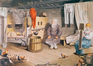 Interior de uma izba russa, publicado em Leipzig, 1820