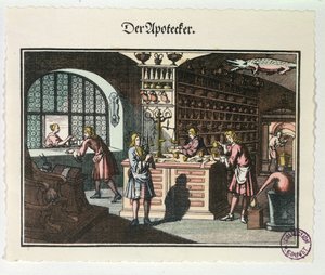 Interior de um farmacêutico, c.1700 de German School