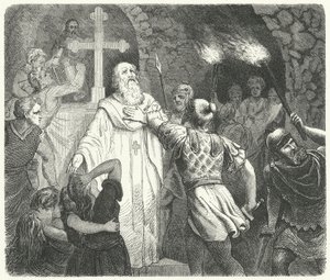 Interrupção de um serviço cristão nas catacumbas romanas (gravura) de German School