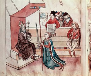 A investidura de um cavaleiro. Miniatura de "Chronicles of the Council of Constance" de Ulrich Richental (1360-1437) 1438 aproximadamente Praga, biblioteca nacional de German School
