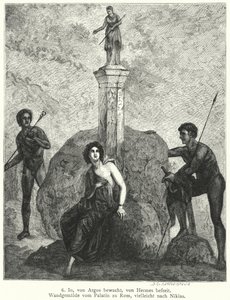 Io, guardada por Argus Panoptes por ordem da deusa Hera, sendo vigiada por Hermes, enviada por Zeus para a raptar, pintura mural romana (gravura) de German School