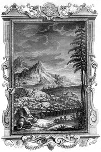 Jacó, o fiel pastor, protegendo seu rebanho de ovelhas do ataque de lobos, 1731 (gravura em chapa de cobre) de German School