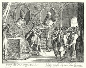 James II da Inglaterra recusa-se a permitir que o Parlamento se sente (gravura) de German School