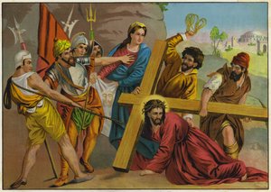 Jesus caindo sob o peso da sua cruz a caminho da crucificação (litografia a cores) de German School