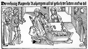Prestamista judeu com sua família recebendo clientes, 1491 (gravura em madeira) de German School