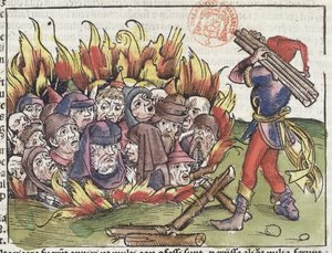 Judeus queimados na fogueira, do Nuremberg Chronicle de Hartmann Schedel (1440-1514), 1493 (xilogravura a cores) de German School