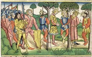 Josué 10 16-27 A Execução dos cinco Reis, da "Bíblia de Nuremberga (Biblia Sacra Germanaica)" (xilogravura colorida) de German School