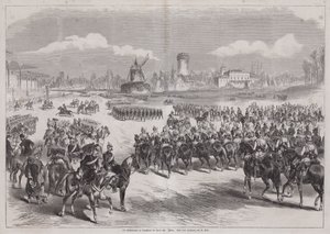 Kaiser Wilhelm I da Alemanha assistindo ao desfile do seu exército em Longchamp, Paris, França, março de 1871 (gravura) de German School