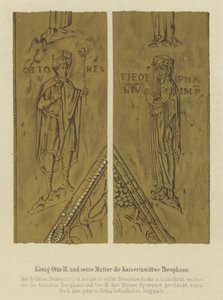 Rei Otto III e sua mãe Teofania, Imperatriz Consorte de Otto II, Santo Imperador Romano (cor litho) de German School